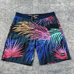 Hurley Swim Trunks Mens Sz 32 Blue Pink Board Shorts Tropical Beach Palm Leaves